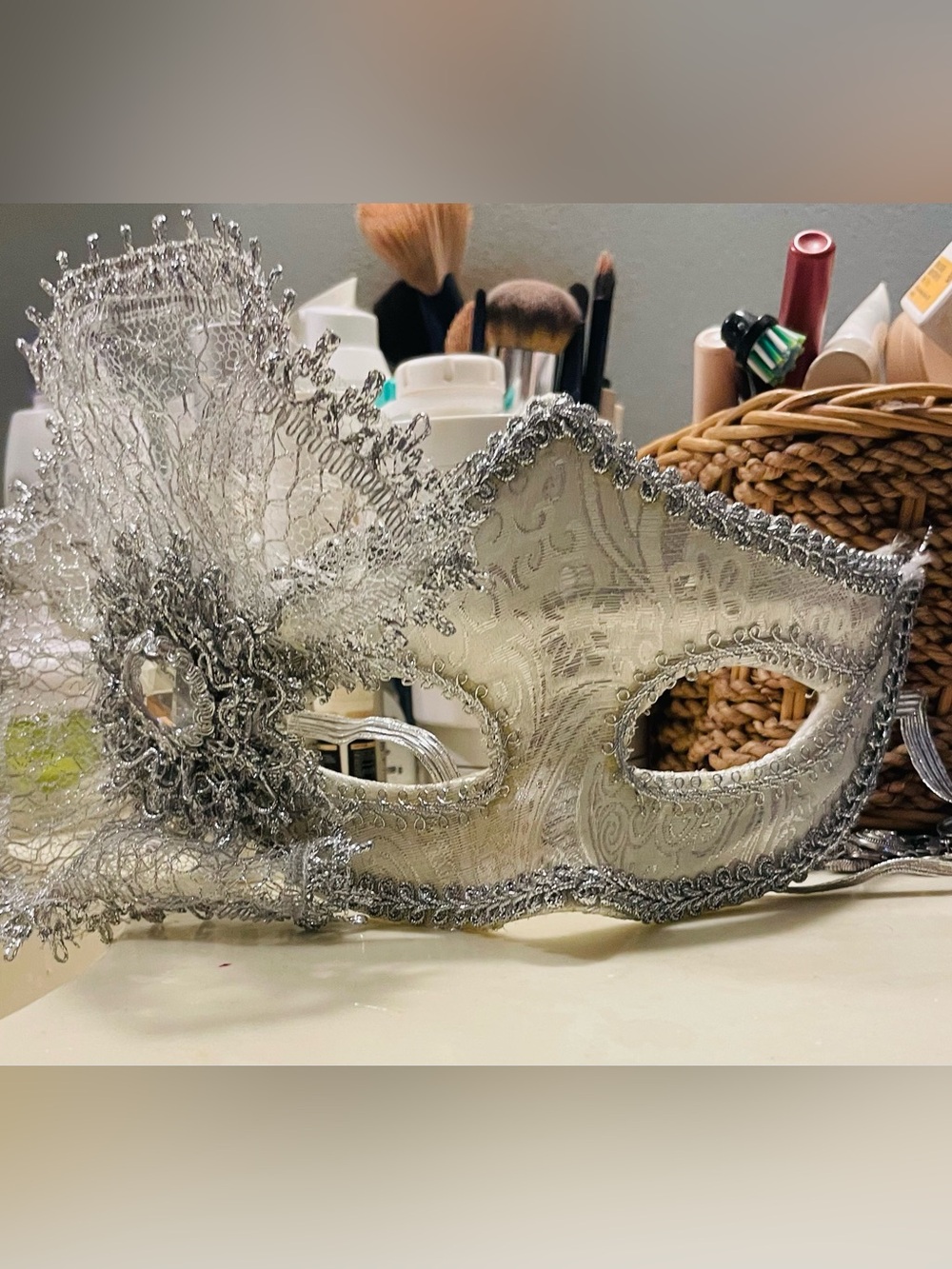 Silver Lace Masquerade Mask with Ornate Feather Accent